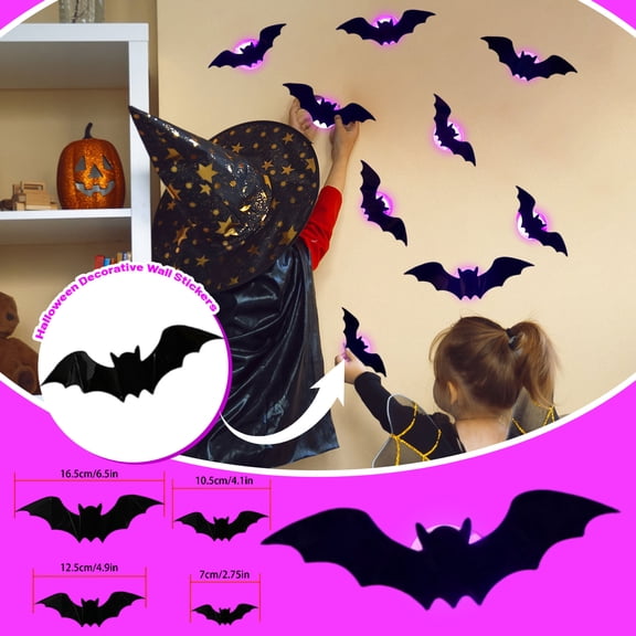 16Pcs 3D Bats Stickers, Halloween Party Supplies Waterproof Scary Bats Wall Decals DIY Home Window Decor