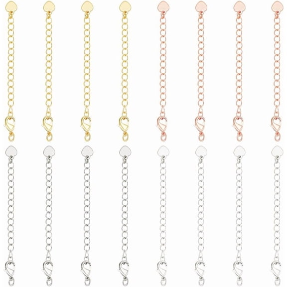 16Pcs 4 Color Brass Chain Extenders 2.6 Inch Necklace Extenders Clasps with Heart Chain Tab Extender Chain Jewelry Clasps Bracelet Extension End Tails for Bracelet Necklace Jewelry Making