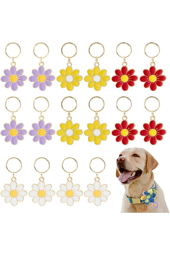 16Pcs 4 Colors Flower Collar Charm Metal Enamel Pendant with Split Ring Flowers Pet Collar Charm Pendant for Pet Collar Crafts Making