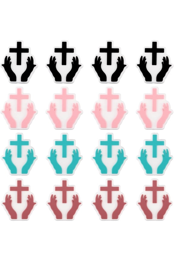 16Pcs 4 Colors Silicone Focal Beads 24.5mm Hand with Cross Silicone Beads Handmade DIY Accessory Supplies for Jewelry Making Bracelets DIY Nursing Necklaces Chain Pen Beads