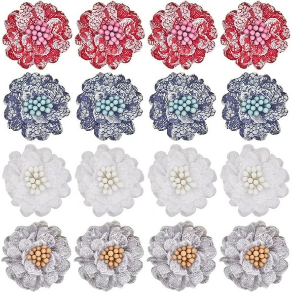 16Pcs 4 Colors Small Cloth Flower 1.1"/2.8cm Floral Sew on Fabric Mini Lace Embroidered Patch Applique Wedding Dress Embellishments for Clothing Decor Jacket Hat Bag Doll Sewing Crafts