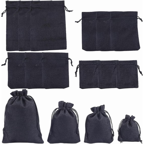 16Pcs 4 Sizes Burlap Gift Bags 3.5/4.7/5.5/6.3Inch Black Polyester Linen Sacks Bag with Handles for Candy Wedding Favors Jewelry Present and DIY Craft DIY