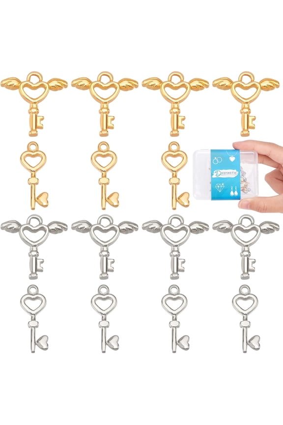 16Pcs 4 Style 304 Stainless Steel Pendants Key Golden Stainless Steel Color 18-20x7.5-18x2-3mm Hole: 1.5-2.5mm 4pcs/style