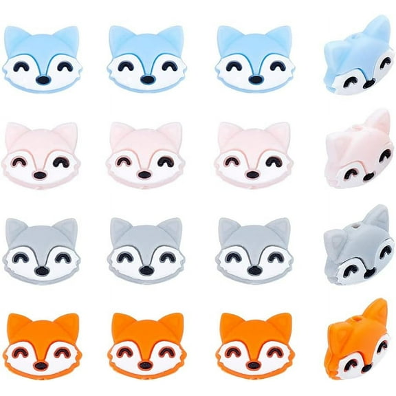 16Pcs 4 Style Food Grade Eco-Friendly Silicone Focal Beads Fox Mixed Color 20x23.5x9mm and 21x24x9mm 4pcs/style