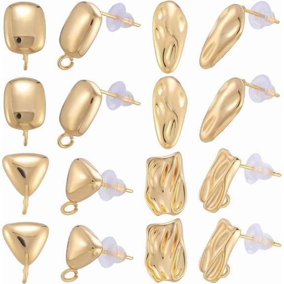 16Pcs 4 Styles 18K Gold Plated Earring Studs with Loop Triangle Rectangle Square Teardrop Metal Dangle Stud Earrings Findings with Nuts for Jewelry Making DIY Handmade Craft Supplies 1set