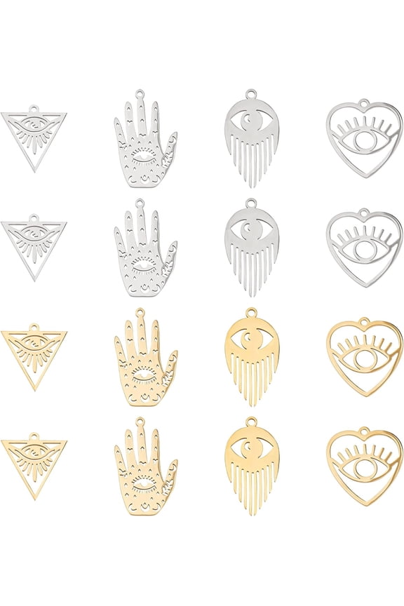 16Pcs 4 Styles 2 Colors Stainless Steel Palm with Eye Pendants Triangle Eye Pendant Heart Eye Pendants Teardrop Eye Pendants Evil Eye Protection Charms for Bracelet Necklace Earrings Making