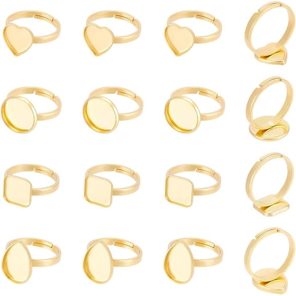 16Pcs 4 Styles Adjustable Ring Components Round Blanks Ring Heart Finger Ring Stainless Steel Pad Ring Base Square Tray Ring Teardrop Pad Cabochon Base