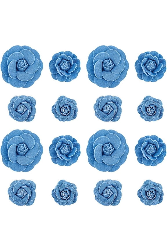 16Pcs 4 Styles Blue Denim Cloth Flowers Fabric Camelia Canvas Fabric Flower Flower Shaped Sewn Accessories for Clothes Decoration Jacket Skirt Coat Trim Brooch Crafts DIY DIY