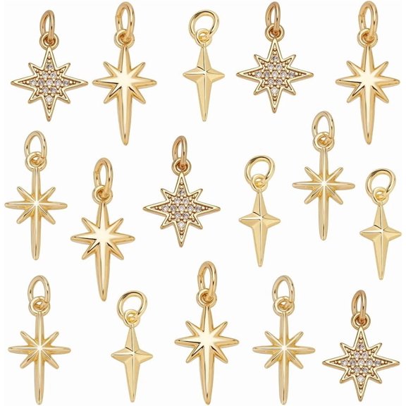 16Pcs 4 Styles Brass Charms Star Real 18K Gold Plated 13.5~17.5x6~11.5x1.5~2.5mm Hole: 3~3.4mm 4pcs/style