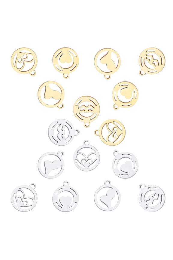 16Pcs 4 Styles Flat Round Hollow Charms Stainless Steel Heart Pendants Ring Shape