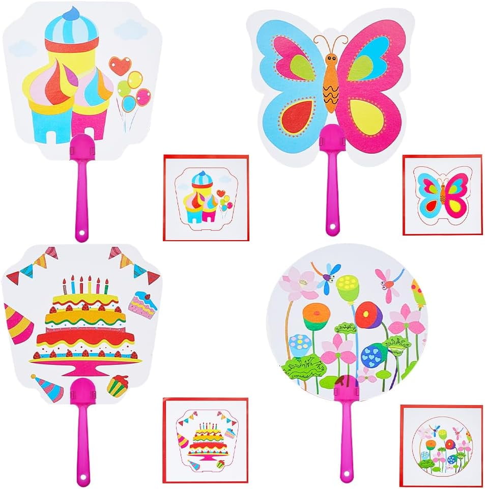 16Pcs 4 Styles Handheld Paper Fans Butterfly Flower Cake Castle Pattern ...