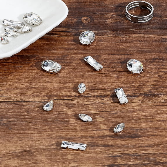 16Pcs 4 Styles Iron Glass Sew On Rhinestone Faceted Platinum Mixed Shapes 10~16x5~10x4~6.5mm Hole: 1mm 4pcs/style
