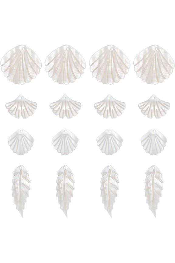 16Pcs 4 Styles Natural Shell Pendants Leaf & Shell Shape Charms Seashell Color 16~35x13~28x1~2mm Hole: 1~1.2mm 4pcs/style