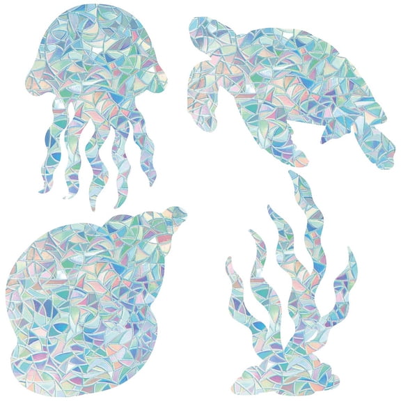 16Pcs 4 Styles Ocean Window Clings Jellyfish Turtle Conch Seaweed Rainbow Glass Decals Anti-Collision Non-Adhesive Vinyl Suncatcher Stickers