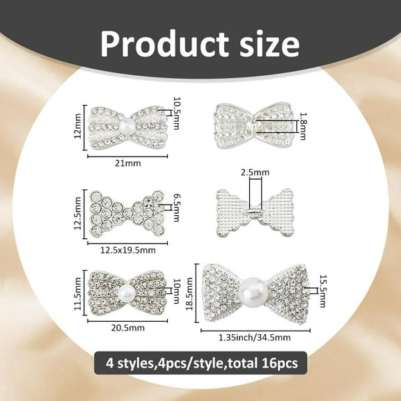 16Pcs 4 Styles Rhinestone Bow Buttons Pearl Bow Diamond Buttons Elegant Alloy Bowknot Button with Plasitc Imitation Pearl Beads for Wedding Bags Shoes Dress Decoration