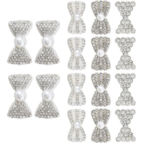 16Pcs 4 Styles Rhinestone Bow Buttons Pearl Bow Diamond Buttons Elegant Alloy Bowknot Button with Plasitc Imitation Pearl Beads for Wedding Bags Shoes Dress Decoration grey