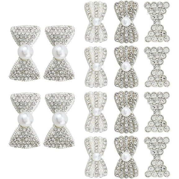 16Pcs 4 Styles Rhinestone Buttons Pearl Diamond Buttons Elegant Alloy Bowknot Button with Plasitc Imitation Pearl Beads for Wedding Bags Shoes Dress Decoration