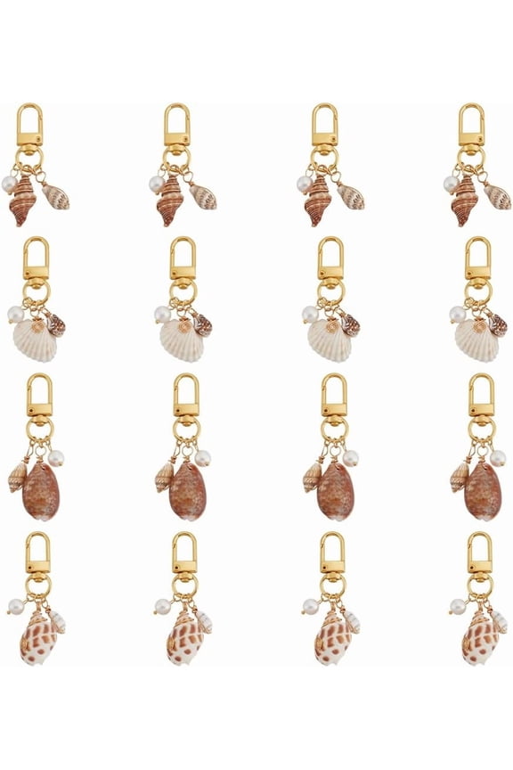 16Pcs 4 Styles SeaShell Charm Pendants Pearl Conch Keychain Summer Ocean Bag Charms Beach Themed Gifts with Alloy Swivel Clasps