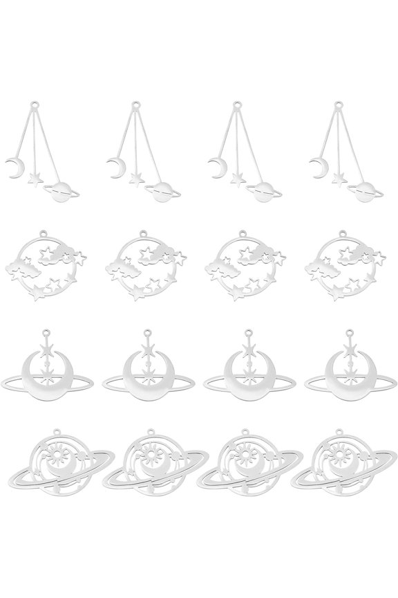 16Pcs 4 Styles Sun and Moon Charm Satellite Charm Outer Space Charm Planet Pendant Hollow Star Charm Star in Cloud Charm Stainless Steel Charm for DIY Earrings Necklace Jewelry Making Craft