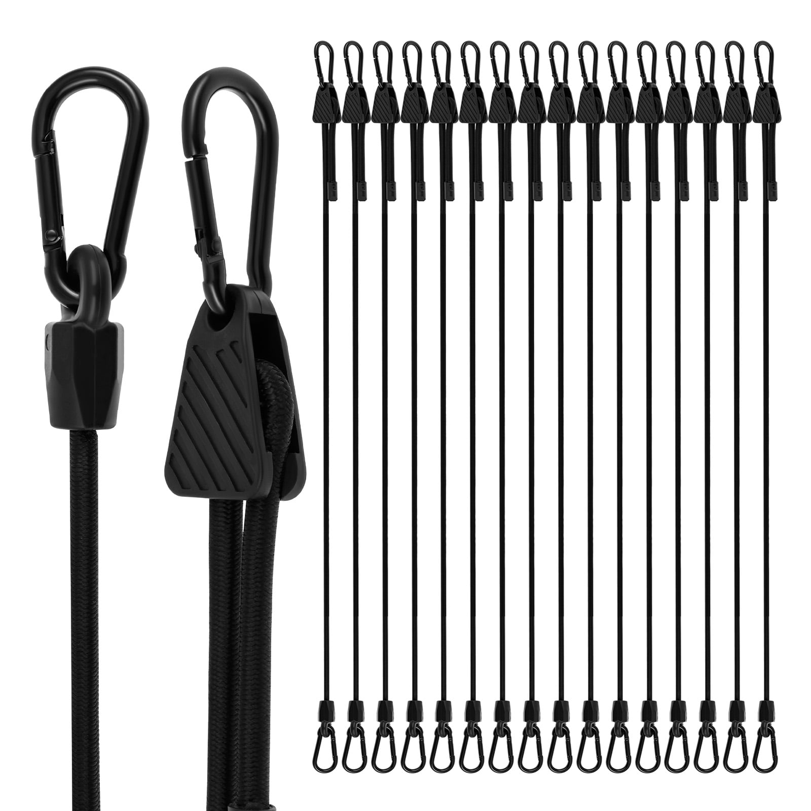 16Pcs 40/48“ Adjustable Carabiner Bungee Cord Set with Hook Adjust from 7 to 40/48 Inch Weather Resistant Black Elastic Bungee Strap for Outdoor Camping