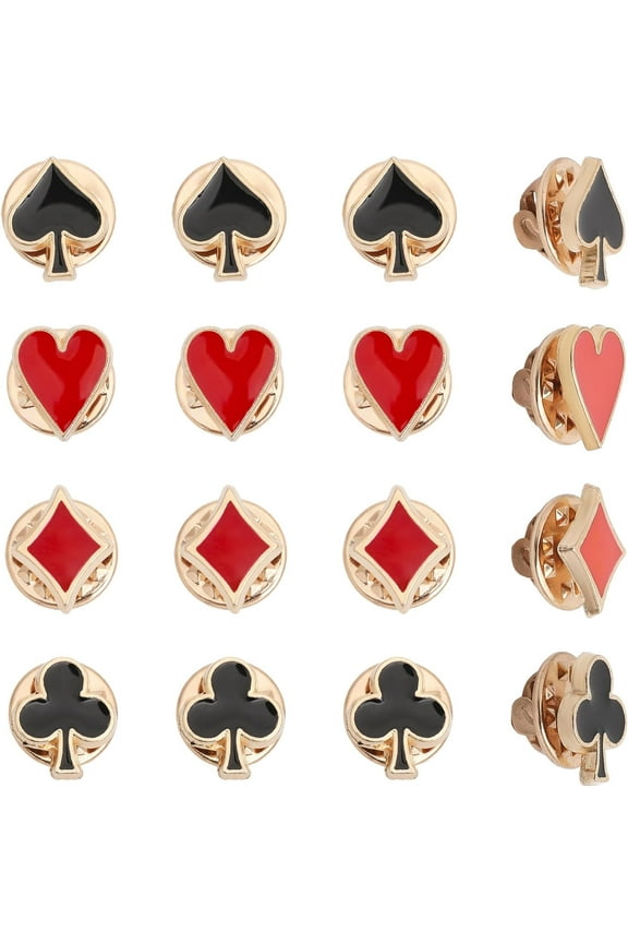 16Pcs 4Styles Poker Playing Card Suits Alloy Enamel Pins Including Ace of Spades Clubs Diamonds King of Hearts for Backpack Clothes Decorations Party Anniversary