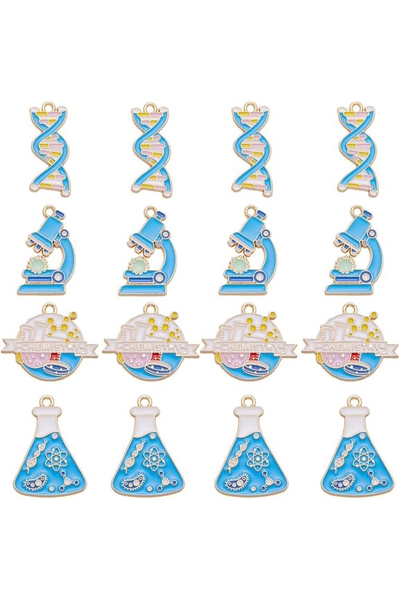 16Pcs 4Styles Science Charm Chemistry Charms Bulk Blue Metal Alloy Enamel Plated Cartoon Scientist School Study Laboratory Tube Cup Charm