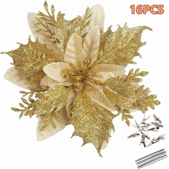 16Pcs 5.5in Christmas Tree Decorations Artificial Gold Red Poinsettia Christmas Flowers Decorations Glitter Christmas Tree Ornaments for Xmas Wedding Party Wreath DIY with Clips