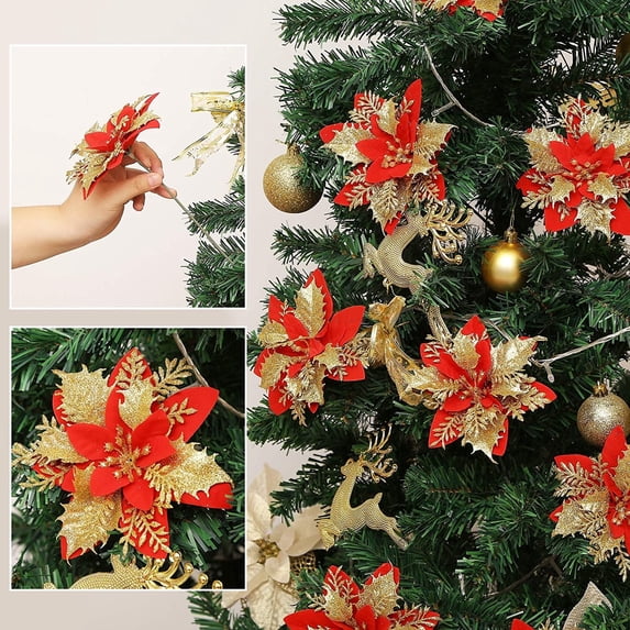 16Pcs 5.5in Christmas Tree Decorations Artificial Gold Red Poinsettia Christmas Flowers Decorations Glitter Christmas Tree Ornaments for Xmas Wedding Party Wreath DIY with Clips