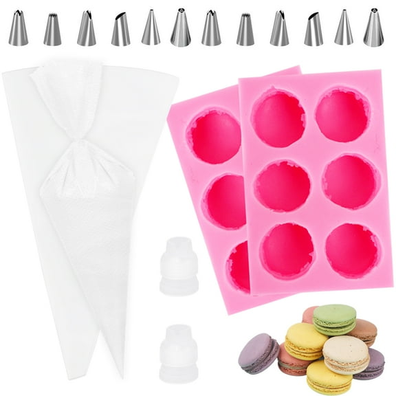 16Pcs 6-Cavity 3D Macaroon Silicone Molds Set , 2Pcs Macaron Hamburger Fondant Mold, Chocolate Candy Molds with 2 Pastry Bag 12 Nozzles, Baking Tools for Cake Decorating, Muffin, Candle, Soap(Pink)