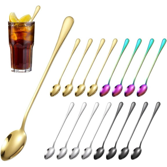 16Pcs 7.7 Inch Long Handle Iced Tea Spoon, Stainless Steel Long Handle Spoon, Coffee Spoon Ice Cream Spoon, Cocktail Stirring Spoons, Mixing Spoon for Coffee Stirrer, Milkshake, Cold Drink