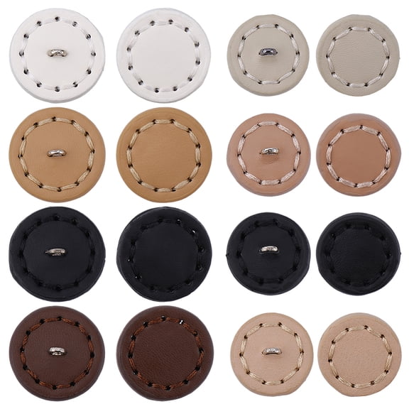 16Pcs 8 Colors 1-Hole Imitation Leather Shank Buttons with Platinum Tone Alloy Loops Flat Round Mixed Color 26~31x10mm Hole: 3x3~4mm 2pcs/color