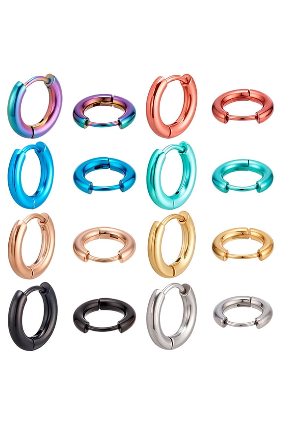 16Pcs 8 Colors 304 Stainless Steel Huggie Hoop Earrings for Women Men Mixed Color 11.5x13x2.5mm 2pcs/color
