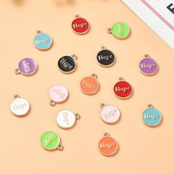 16Pcs 8 Colors Alloy Enamel Pendants Light Gold Flat Round with Word Hope Mixed Color 14.5x12x2mm Hole: 1.5mm 2pcs/color