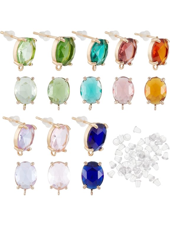 16Pcs 8 Colors Brass Stud Earring Findings with Hoop Glass Gold CZ Earring Findings Oval Ear Piercing Plugs for Dangle Earring Jewelry Making