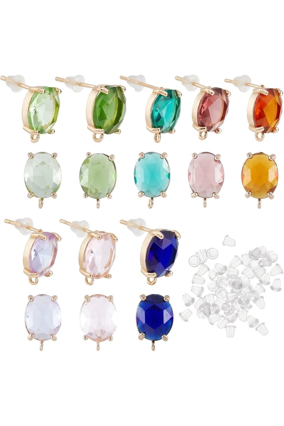 16Pcs 8 Colors Brass Stud Earring Findings with Hoop Glass Gold CZ Earring Findings Oval Ear Piercing Plugs