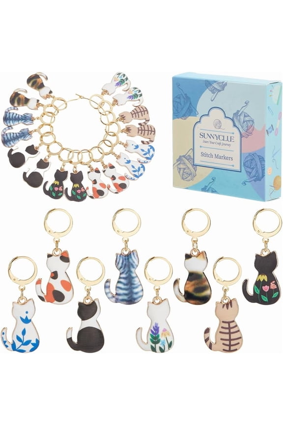 16Pcs 8 Colors Cat Shape Alloy Enamel Pendants Cat Charms Locking Stitch Marker with 304 Stainless Steel Finding Mixed Color 3.9cm 2pcs/color