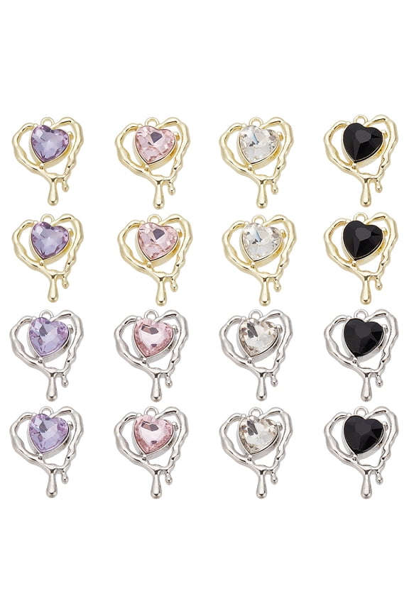 16Pcs 8 Colors Glass Melting Heart Pendant with Alloy Findings Lead Free Cadmium Free Mixed Color 20x15.5x5.5mm Hole: 1.4mm 2Pcs/color