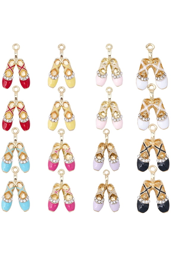 16Pcs 8 Colors Rhinestone Ballet Shoe Charms Sparkling Ballerina Pendants Alloy Enamel Dancing Shoe Dancer Charms