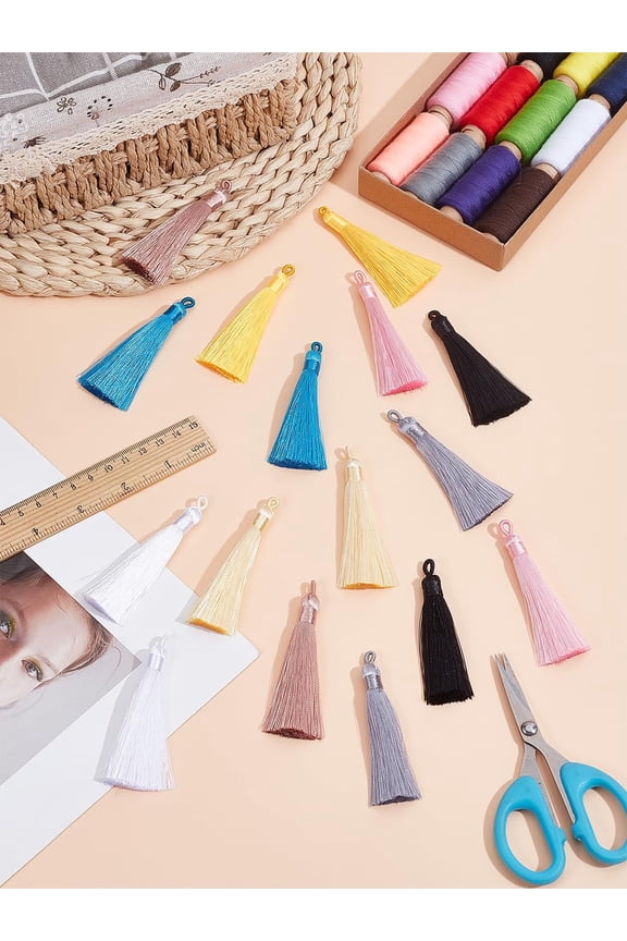 16Pcs 8 Colors Silk Tassels Mixed Color Polyester Tassel Pendant Decoration for Jewelry Keychain Curtain Car Hanging Graduation Party Decor and DIY Craft 80-90x8.5-9mm Hole: 4x6mm colorful DIY