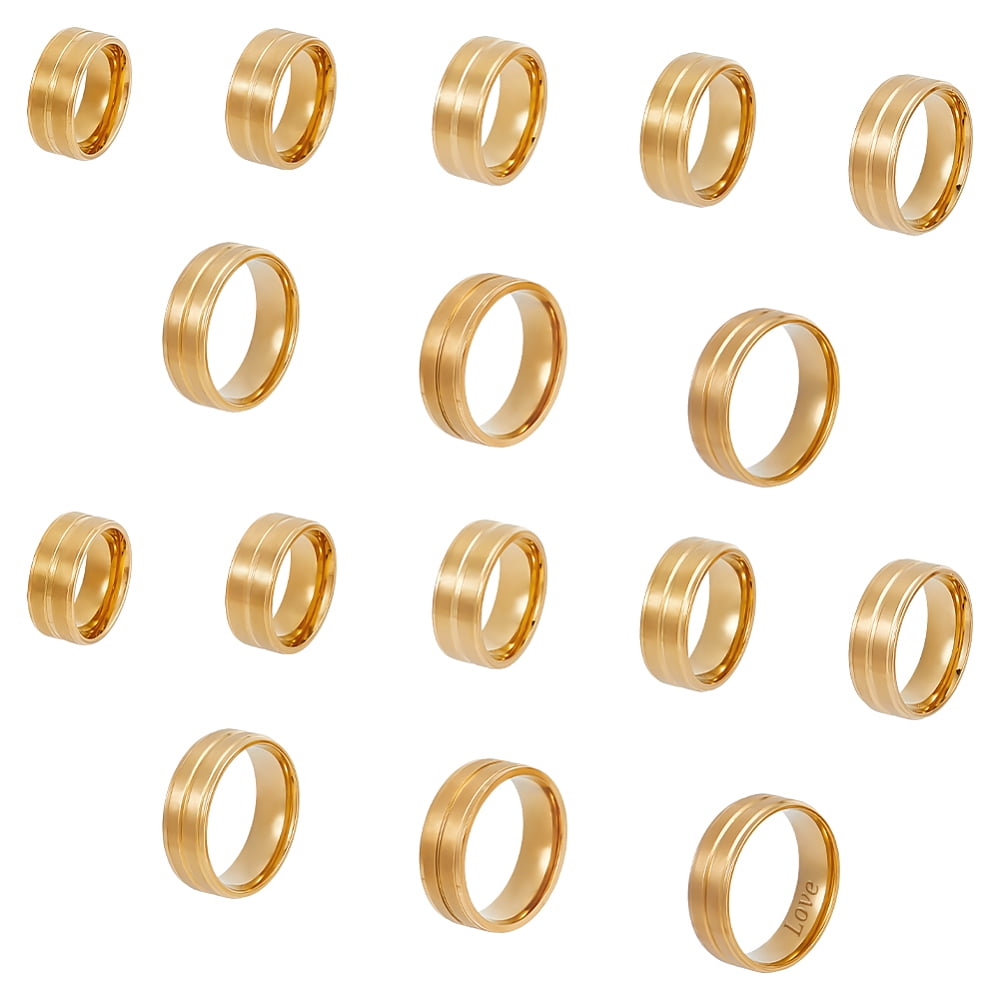 16Pcs 8 Size 304 Stainless Steel Grooved Finger Rings Set Golden Inner ...