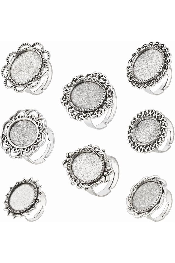 16Pcs 8 Style Adjustable Alloy Finger Rings Components Bezel Cup Ring Settings Flower & Oval & Sun Silver Inner Diameter: 17mm Handmade