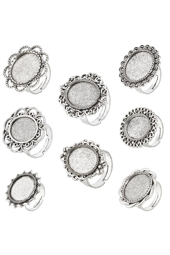 16Pcs 8 Style Adjustable Alloy Finger Rings Components Bezel Cup Ring Settings Flower & Oval & Sun Silver Inner Diameter: 17mm Tray: 13x18mm
