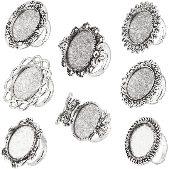 16Pcs 8 Style Adjustable Alloy Finger Rings Components Bezel Cup Ring Settings Flower & Owl & Flat Round Antique Silver Inner Diameter: 17~17.3mm Tray: 20mm 2Pcs/style