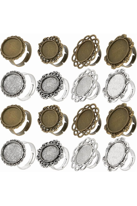 16Pcs 8 Style Adjustable Alloy Finger Rings Components Bezel Cup Ring Settings Oval & Flower Antique Silver & Antique Bronze Inner Diameter: 17~17.3mm Tray: 18~20x13~20mm 2Pcs/color