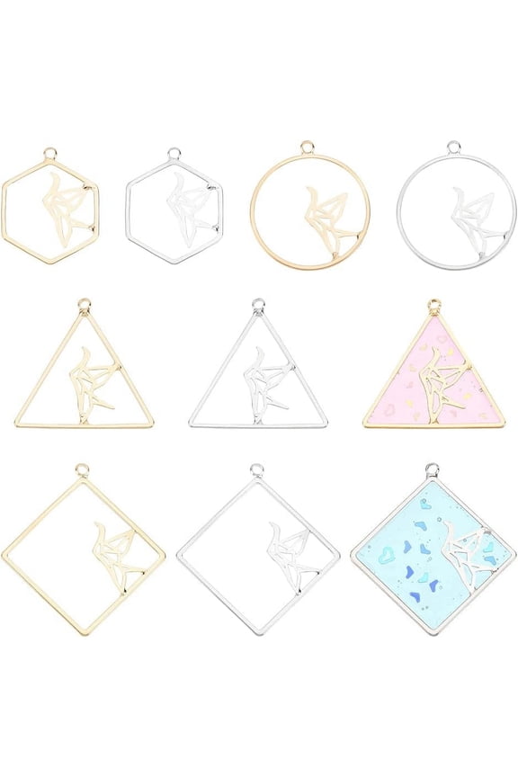 16Pcs 8 Style Alloy Hollow Pendants with Paper Crane Mixed Color 25.5~37.5x20~33.5x1~1.5mm Hole: 1.8mm 2pcs/style