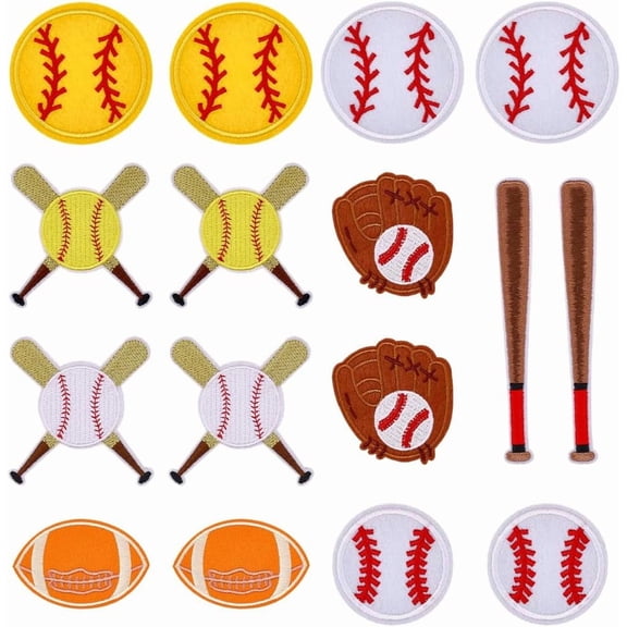 16Pcs 8 Style Baseball Patches Embroidery Baseball Bat Gloves Patches Sport Applique Repair Vintage Sew Iron on Applique DIY Craft Accessories