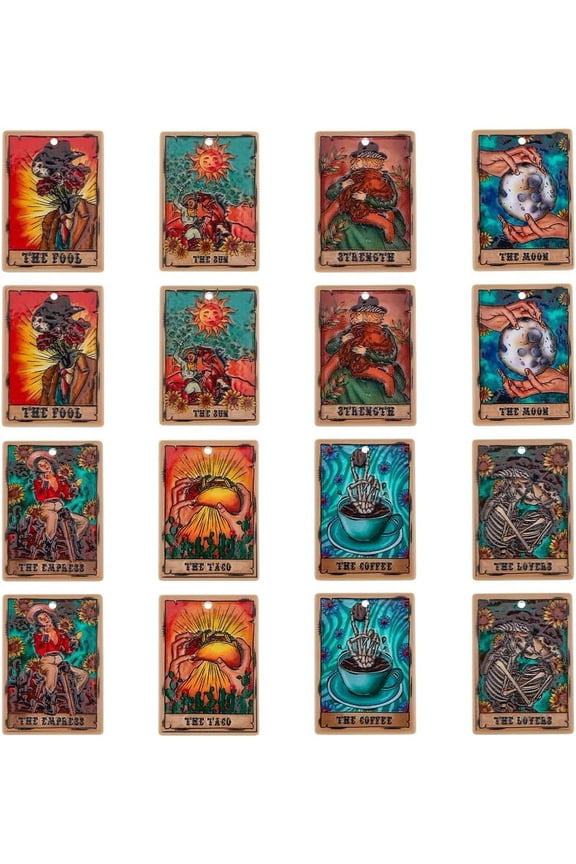 16Pcs 8 Style Printed Acrylic Pendants Rectangle with Tarot Card Theme Pattern Charm Mixed Color 37.5x26.5x2mm Hole: 1.7mm 2pcs/style DIY Supplies