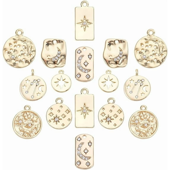 16Pcs 8 Styles 18K Gold Plated Alloy Rhinestone Charms Teardrop Round Rectangle with Moon Star Crystal Rhinestone Pendant for DIY Jewelry Making Craft Accessories