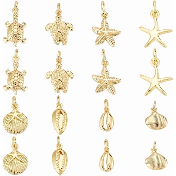 16Pcs 8 Styles 18K Gold Plated Shell Starfish Tortoise Charm Ocean Life Sea Animal Pendants Turtle Pendant Summer Ocean Pendant Decor