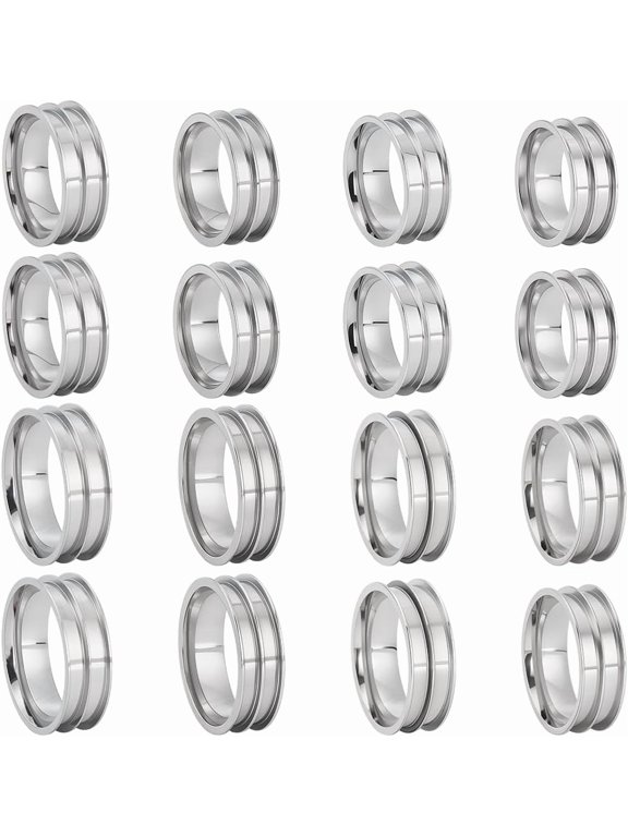16Pcs 8 Styles 201 Stainless Steel Ring Core Blank for Inlay Jewelry Making Double Channel Beveled Edge Ring Stainless Steel Color for DIY